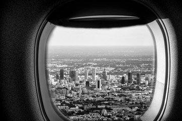 Warsaw black and white Skyline seen from an airplane window, 