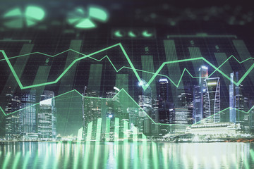 Financial chart on city scape with tall buildings background multi exposure. Analysis concept.