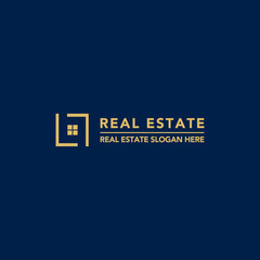 modern gold logo for real estate business on blue background