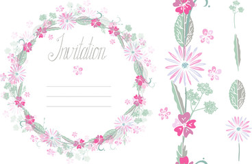 Obraz na płótnie Canvas Isolated on white vector set with circle floral tangle, seamless brush, hand drawn Invitation word silhouette, shapes of flowers and leaves in pink, grey, light green colors