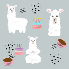 lama, alpaca,happy birthday and cake . Coffee. background 