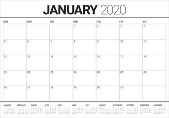 January 2020 desk calendar vector illustration