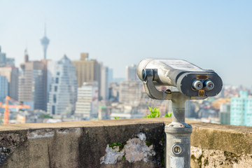 Seedy tower viewer at observation deck in Macau