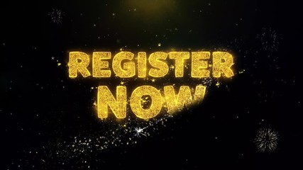Register Now Text on Gold Glitter Particles Spark Exploding Fireworks Display. Sale, Discount Price, Off Deals, Offer Promotion Offer Percent Discount ads 4K Loop Animation. - Powered by Adobe