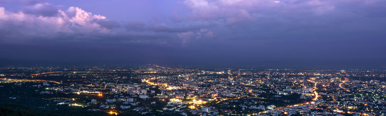 Fototapeta na wymiar Panorama of cityscape purple sky on twilight from Chiang mai, Thailand.
