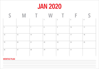 January 2020 desk calendar vector illustration