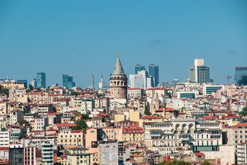 Galata Tower and Mosque dome silhouette with Bosphorus landscape in Golden Horn of Istanbul city in...