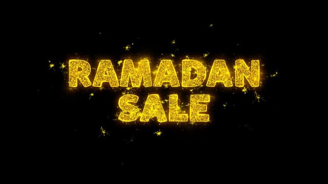Ramadan Sale Text Sparks Glitter Particles on Black Background. Sale, Discount Price, Off Deals, Offer promotion offer percent discount ads 4K Loop Animation.