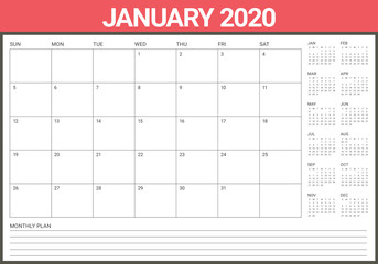 January 2020 desk calendar vector illustration