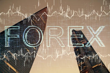 Forex chart on cityscape with tall buildings background multi exposure. Financial research concept.