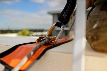 Fall arrester energy shock absorber lanyard backup device connecting into rope ready to used...