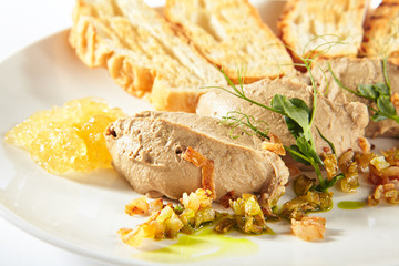 Chicken Liver Pate with Crunchy Baguette Isolated on White Background