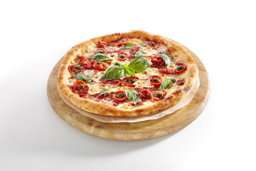 Pizza with Cherry Tomato, Mozzarella Cheese and Tomato Sauce Isolated