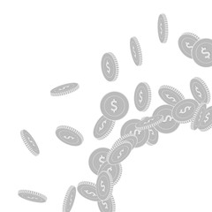 American dollar coins falling. Scattered black and