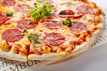 Pepperoni or Salami Pizza with Chili Pepper, Mozzarella and Tomatoes