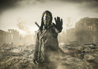 man in gas mask says stop the destruction in the world. , post Apocalypse - obrazy, fototapety, plakaty