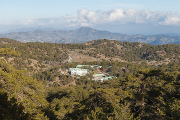 Fototapeta premium Cyprus rocky hills with agriculture, houses and small churches