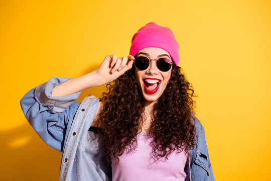 Photo of amazing playful lady excited about summer holidays and long waited vacation wear casual cool outfit isolated yellow color background