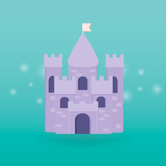 Cartoon medieval fun pink castle with flag. Magic cartoon castle for princess from fairy tale icon. Funny pink cartoon castle with decoration background.