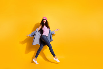 Fototapeta na wymiar Full size profile photo of lovely content girl have free time walk feel excited wear good modern look isolated over yellow color background