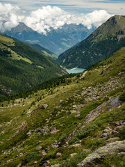 Martell valley and lake Zufrittsee on a sunny day in summer