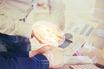 Businessman with hands background. Crypto currency concept.