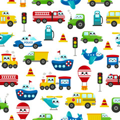Fototapety  Childish seamless pattern. Cute kawaii transportation characters: cars, ship, plane, helicopter, train, balloon. For nursery. Illustration for kids.