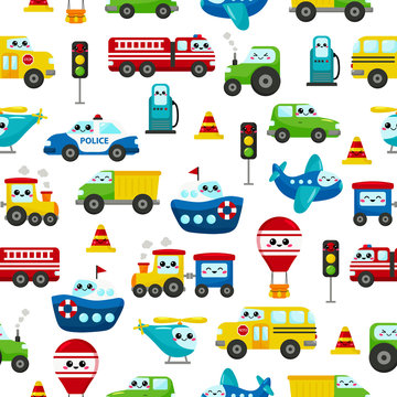 Childish seamless pattern. Cute kawaii transportation characters: cars, ship, plane, helicopter, train, balloon. For nursery. Illustration for kids.