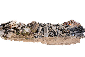 Debris, boards, broken bricks in a pile on a white background.