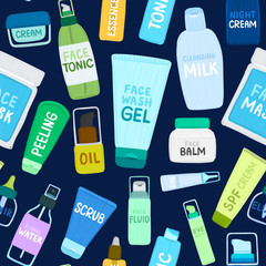 Seamless pattern with organic or natural cosmetics. Many jars and bottles with cosmetic names. Facial skin care. Can be used to design a packaging bag, banner, tag, poster, wrapping paper. Vector