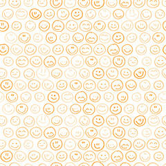 Smile icon. Many smiles. Vector seamless pattern. Customized color. For printing on fabric, postcards, social media post, advertising. Happy emotion, happy face, smiling face. Fun doodle background..