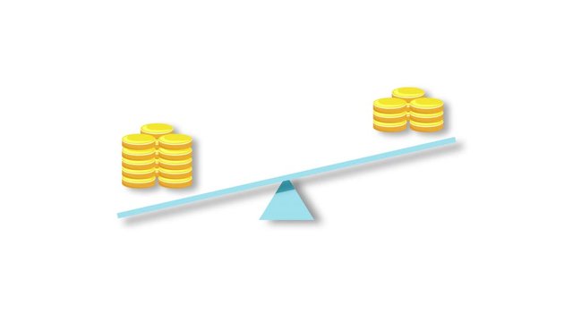 Video animation of coins on a scale balancing down on one side (on transparent background/with alpha channel)
