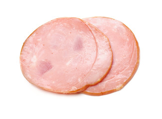 cooked boiled ham sausage on white background