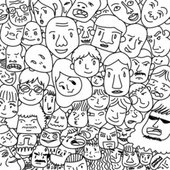 Hand draw many people heads minimal flat design background. Connecting people or social community concept face of human character design.