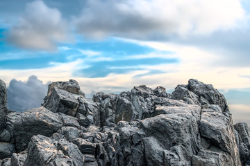 Typical Beach Rock Structure, made up of Basaltic and Igneous Rocks, been constantly eroded from centuries by ocean waves, found in abundance on all the beaches of Western Ghats of India. - Image
