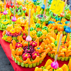 Krathong made from colorful bread baked Thai style for Loy Krathong Festival or Thai New Year and river goddess worship ceremony,the full moon of the 12th month Be famous festival of Thailand.