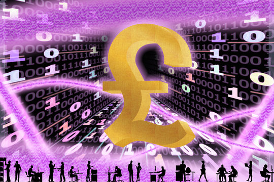 Pound sterling sign, against the backdrop of a binary code with tunnels with energies. Silhouettes of people in the office.
