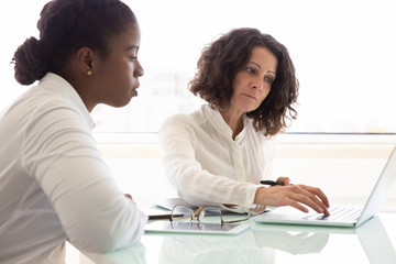 Fototapeta premium Businesswomen working on project together. Diverse business women sitting at workplace and using laptop. Teamwork concept