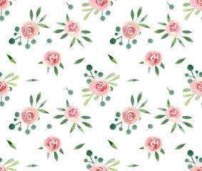 Pink roses seamless. Pattern from pink rose. Wedding drawings. White background. Watercolor hand drawn illustration.