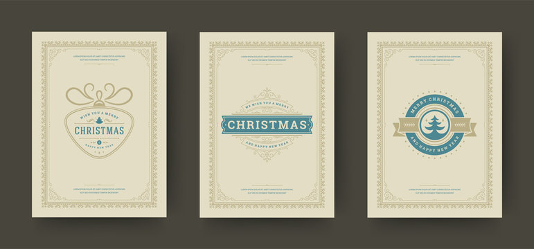 Christmas greeting cards set vintage typographic design, ornate decoration symbols vector illustration