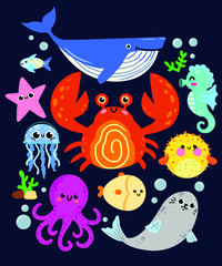 cute sea animals set