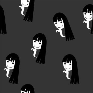Halloween seamless pattern girl ghosts with smile on a gray background.