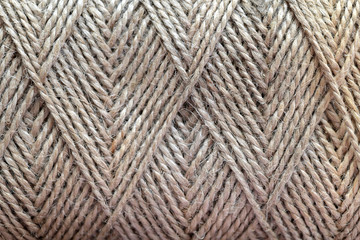 Top view of natural jute twine skein background, macro