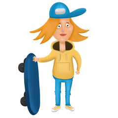 cartoon young skateboarder guy on white background, illustration