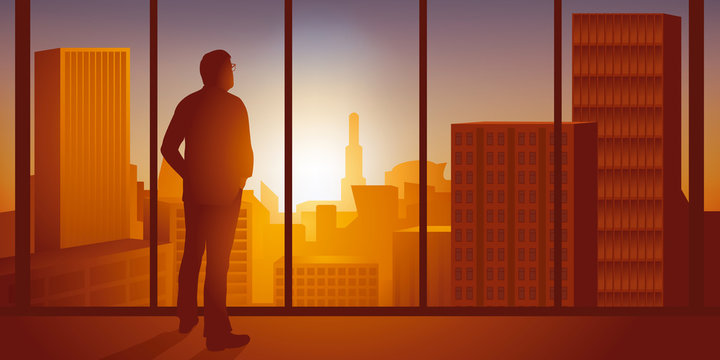 Concept du pouvoir et du leadership, avec un homme d&rsquo;affaire qui m&eacute;dite sur sa r&eacute;ussite en contemplant la ville par la fen&ecirc;tre de son bureau situ&eacute; au sommet d&rsquo;un gratte-ciel.