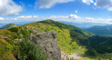 Panorama of Carpathian mountains in summer sunny day