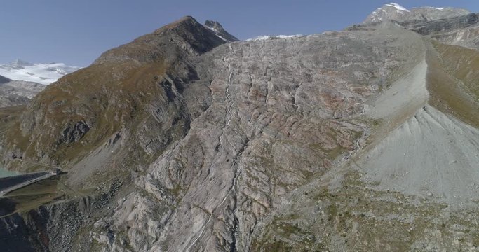 Allalin glacier to Mattmark barrage panoramic - Aerial 4K