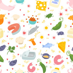 Protein seamless pattern color. Seamless pattern with healthy food and nutrition. Food pattern with shrimp, egg, cheese, fish. Healthy food texture for textile, linen, fabric. Flat style vector