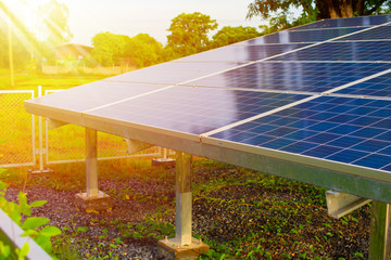 Solar panels against the sunshine, Bright Sunny Day, Solar Farm in rural, Eco-environmentally friendly green energy of sustainable development, Alternative power energy concept.