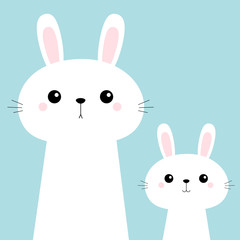 Two rabbit bunny set. Friends forever. Cute cartoon kawaii funny baby kids character. Happy Easter. Farm animal. Blue pastel background. Flat design.